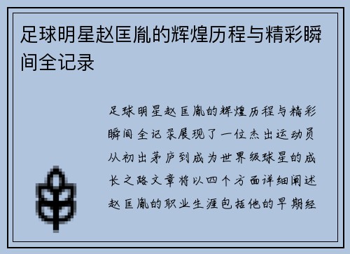 足球明星赵匡胤的辉煌历程与精彩瞬间全记录